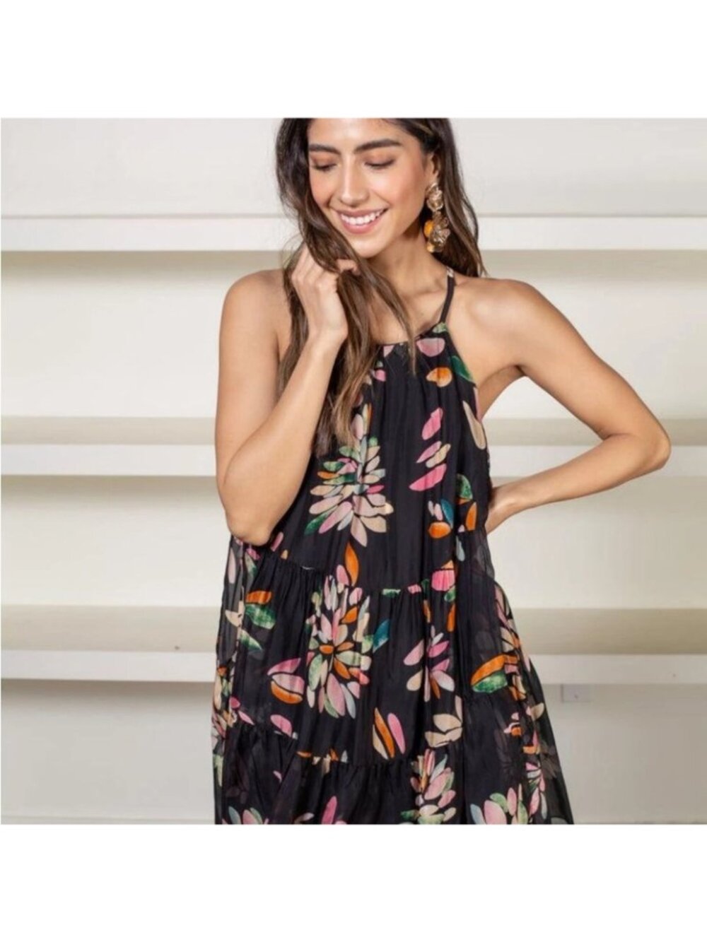FRNCH Mona Arianna Silk-Blend Mini Tiered Halter Dress Anthropologie Medium - Picture 3 of 13